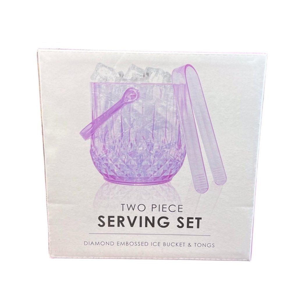 Diamond Embossed 2 Piece Serving Ice Bucket & Tong Set Shatter Resistant Purple